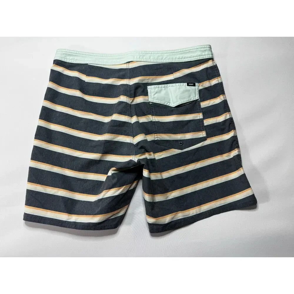 Roark Men's Drawstring Gray Blue Orange Striped Swim Board Shorts - Size 31x6*‎